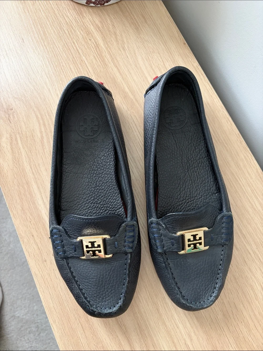 Tory Burch Navy Leather Loafers with Gold Logo Accent